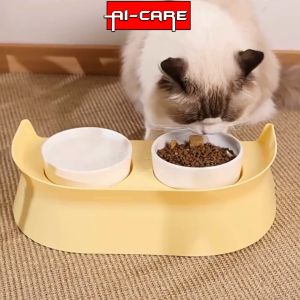 Ceramic Pet Double Bowl Round Bowl Pet Feeder With Heighten Plastic Stand  Prevent Food Leakage For Cat & Dogs Use