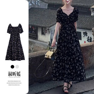 SUSIEYUAN | Black Floral Hepburn Style Dress Slimming
