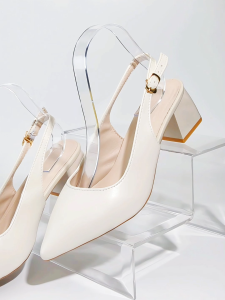Beige Pointed Toe Back Empty Sandals with Block Heels for Women Office Work Wedding