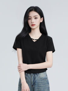 Slim Fit Short Sleeve V-Neck Black T-Shirt Womens Summer Fashion Top Small Size Shoulder Length Trendy Cotton Polyester Blend