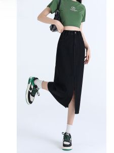 กระโปรงยีนส์ทรงเอเอวสูงสีดำ ทรงเข้ารูป ทรงเข้ารูป ฤดูร้อน 2025 กระโปรงทรงเอ ทรงเข้ารูป กระโปรงทรงเอเอวสูง