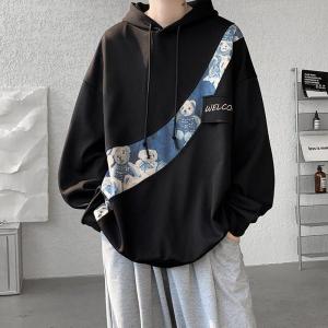 Heavyweight Hooded Embroidered Patchwork Mens Sweatshirt Trendy Chinese Style Oversize Bear Print Casual Outerwear