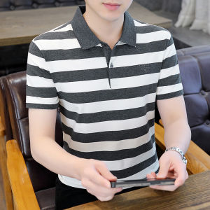 Mens Summer Slim Fit Short Sleeve T-Shirt Pure Cotton Polo Shirt with Collar Black White Wide Stripes Casual Business Wear