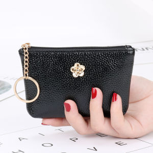 Womens Short Soft Leather Coin Purse Zipper Handheld Wallet ID Key Card Holder Money Clip Bag Floral Pattern Korean Style