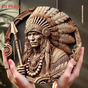 Biểu Tượng Trang Trí Tường Thủ Công Bằng Gỗ Khắc Hình Thủ Lĩnh Người Mỹ Bản Địa Thiết Kế Đính Lông Vũ Và Hạt Đường Kính 7.75 Inch Trang Trí Nhà Cửa Biển Hiệu Kim Loại Thiếc.