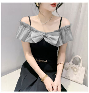 REHIN เสื้อยืดผู้หญิงแขนสั้นสะพายไหล่กับโบว์หูกระต่ายบล็อกสีสำหรับฤดูร้อน บอดี้สูทหญิง