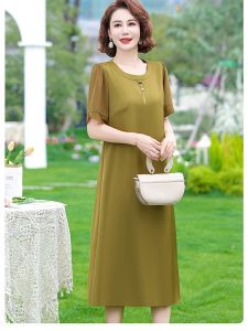ชุดเดรสยาวแขนสั้นสีพื้นหรูหราสำหรับคุณแม่วัยกลางคน ชุดเดรสยาวทรงเอคอตั้งเอวสูงผ้าอะซิเตทโพลีเอสเตอร์