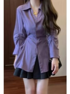 plus Size Womens French Vintage Pleated Long Sleeve Shirt Slimming Design Purple Autumn New Style Commute Style Fitted Shirt