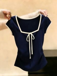 NUMEN BUTTON | French Style Bow Contrast Color T-shirt