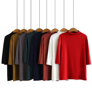 Spring and Summer Korean New Plus Size Women's Casual Tops Chubby Girl Slim Slim Looking Half Turtleneck 3/4 Sleeve Stretch T-shirt