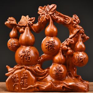 Rosewood Wood Carving Gourd Ornaments Solid Wood Five Blessings Fu Lu Shou Xi Cai Craft Gift Home Living Room Decorations