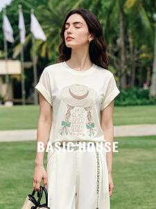 Basic House | Summer Casual Commute Round Neck Printed White T-Shirt