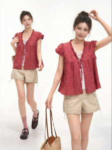 HTMEME | Áo Blouse Tay Ngắn Kiểu Hàn Quốc Hình Carô Có Nơ