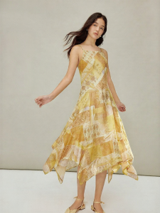INMAN | Irregular Straps Waist Slimming Tencel Linen Dress
