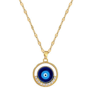 Flashbuy Trendy Boho Evil Eye Stainless Steel Necklace for Women Vintage Charm Party Jewelry Gift Gold chain with blue evil eye pendant surrounded by small stones.