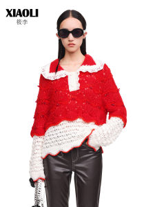 XIAOLI | Autumn Hand-beaded Polo Neck Lace Hollow Sweater