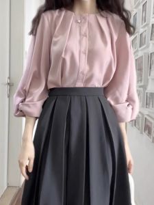 เสื้อเชิ้ตแขนยาวแบบลำลองสไตล์ฝรั่งเศสสำหรับผู้หญิงไซส์ใหญ่ ทรงหลวม กระดุม แขนยาวสามส่วน ทรงเข้ารูป เสื้อสั้น