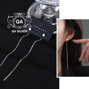 Khuyên tai bạc 925 dáng dài vuông bông nữ tua mảnh S925 CHAIN QA SILVER Earrings EA240602