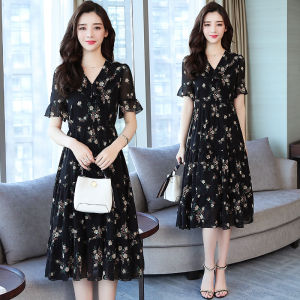 Impression Fashion Store Women's Elegant Chiffon Floral Print Petal Sleeve Fitted Waist A-line Swing Plus Size Dress