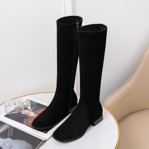 Leather Long Boots Womens Flat Bottom Square Head above Knee Elastic Boots Winter Warm Faux Fur Lined Side Zipper Closure