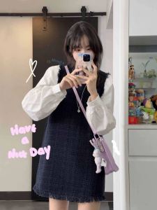 Womens Winter Fashion Sleeveless Faux Fur Vest Dress Long Sleeve Shirt Two-Piece Set Trendy Casual Outfit Polyester Material