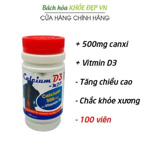 Viên uống bổ sung 500mg canxi vitamin D3 chắc khỏe xương khớp tăng chiều cao ngừa loãng xương - Chai 100 viên