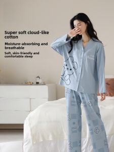 miiow | Pure Cotton Sleepwear Womens Long Sleeve V-neck Pants Cute Cartoon Home Clothes Set Autumn New Style MiiOW Cat Person