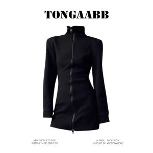 American Stand Collar Long-Sleeve Zipper Dress Womens Autumn and Winter Pure Desire Wind Black Bodycon Dress Silm Inner Wear Knitted Dress