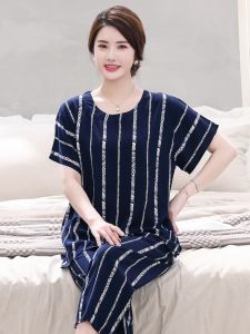 Summer Short Sleeve Cotton Silk Set Artificial Cotton Thin Wearable Outdoors Large Size Two-Piece Set for Middle-Aged Women