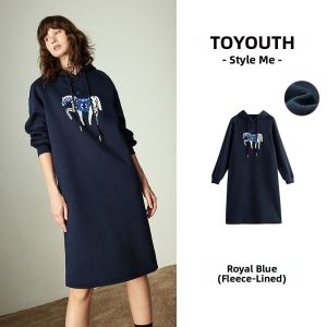 Toyouth | Winter Hooded Horse Embroidery Loose Fleece-Lined Warm Midi Sweatshirt Dress