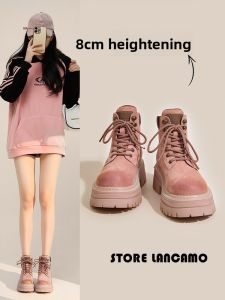 LANKAMO | Leather Fashionable Elevated Heel Pink Fleece Lined Short Martin Boots