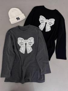 Color Block Long Sleeve Fleece Womens T-shirt Butterfly Knot Loose Casual Winter New Style Base Shirt Creative Pattern