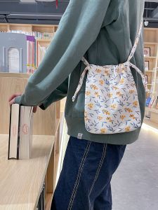 Cute Floral Drawstring Womens Canvas Bag Casual Shoulder Bag Mobile Phone Bag Soft Handle Printed Cotton Summer 2023