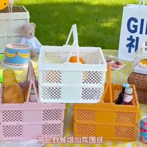 Giỏ nhựa đựng đồ decor bàn kèm quai xách tiện dụng khay đựng mỹ phẩm cỡ lớn gấp gọn kiểu dáng Hàn Quốc dễ thương