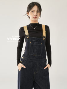 Deep Blue Denim Overalls Womens High Waist Slim Straight Loose Wide Leg Floor Length Pants Autumn New Style Casual Fashion
