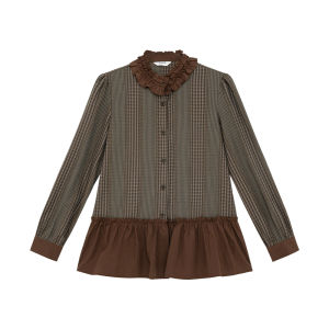 NIHAOKANONG | Áo Sơ Mi Caro Phong Cách Dân Dã Retro Với Cổ Voan