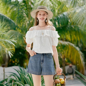 XIANGYING | Lace Embroidery Short Sleeve Top