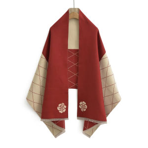 Camellia Flower Artificial Cashmere Scarf Womens Korean Style Dongdaemun Diamond Gingham Shawl Fall and Winter Heattech Old Money Style Scarf