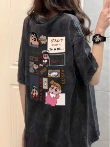 Retro American Washed Pencil Short Sleeve T-Shirt Women Summer 2024 Loose Couple Top Creative Cartoon Anime round Neck