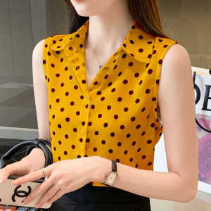 Summer New Loose Womens Chiffon Base Shirt Sleeveless Polo Collar Outerwear Inner Match Fashionable Shoulder Bared Top