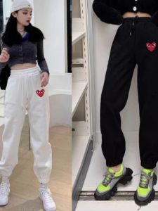 Spring Summer New Womens Long Casual Pants High Waist Cotton Knitted Sweatpants Love Heart Embroidery Wide Leg Sports Trousers