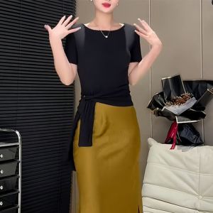 Summer Clothes Matching a Set of Fashion Stylish Lace-up Elegant Short Sleeve Tops Womens High Waist Slim Looking Split Fishtail Skirt