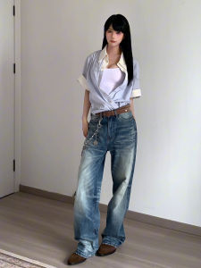 Light Blue Washed Straight Leg Mens Jeans Summer American High Street Vibe Loose Wide Leg Pants Casual Youth Fashion