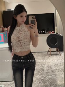 White French Style Heavy Duty Halter Neck Vest Womens Short Sleeveless Lace Shirt Top by TiTi Beauty Girl Summer Spring