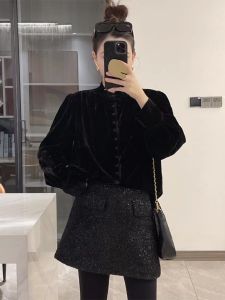 Black Velvet Long Sleeve Shirt Womens New Chinese Style Retro Fashionable Inner Wear Velvet Top Commute Korean Version