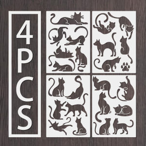 4PCS A4 Cat Theme Painting Stencil Set for DIY Craft Wall Card Decoration