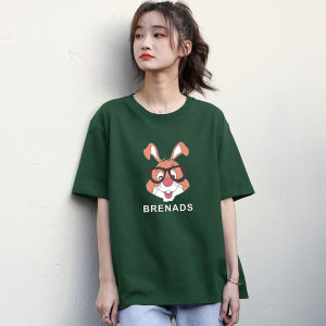 Red Wine Colored Cartoon Rabbit Pure Cotton Short Sleeve Womens T-shirt round Neck Versatile Top for plus Size Fashion
