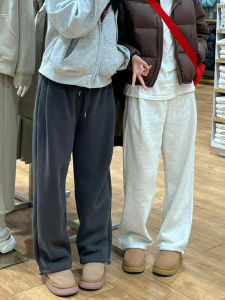 Womens Fleece Lined Loose Fit Trousers High Waist Straight Leg Drapey Grey Sweatpants Comfortable Polyester Fiber Knitted