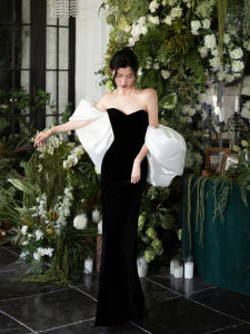 Elegant Black Strapless Evening Gown Customized High-End Bridal Dress Performance Hostess Long Sleeve Fish Tail Wedding Dress