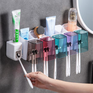 No-Drill Wall-Mounted Toothbrush Cup Mouth Rinse Cup Toothpaste Squeezer Bathroom Organizer Shelf Toothbrush Holder Set Nordic Style